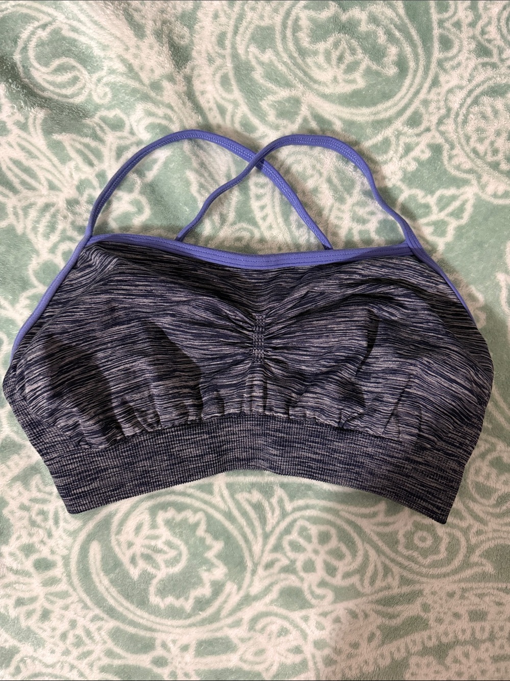 CALIA Heathered Gray and Navy Blue Sports Bra with Lavender Trim | S
